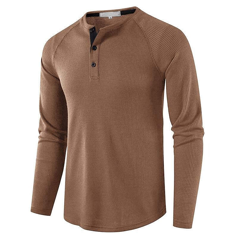 Men's Casual Solid Color Long Sleeve Round Neck Button Henley Shirt