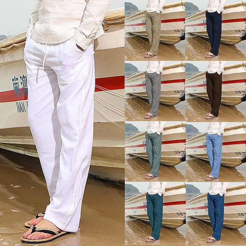 Men's Linen Pants Trousers Drawstring Wide Leg Solid Color Comfy Breathable Athletic Casual Athleisure Cotton Loose Fit White Black High Waist Micro-elastic