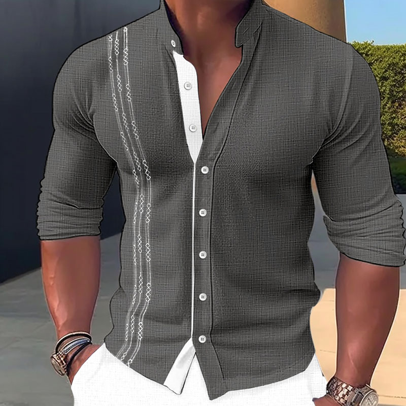 Men's Linen Shirt Button Up Shirt Summer Beach Shirt Black White Pink Long Sleeve Embroidery Standing Collar Spring Shirt 