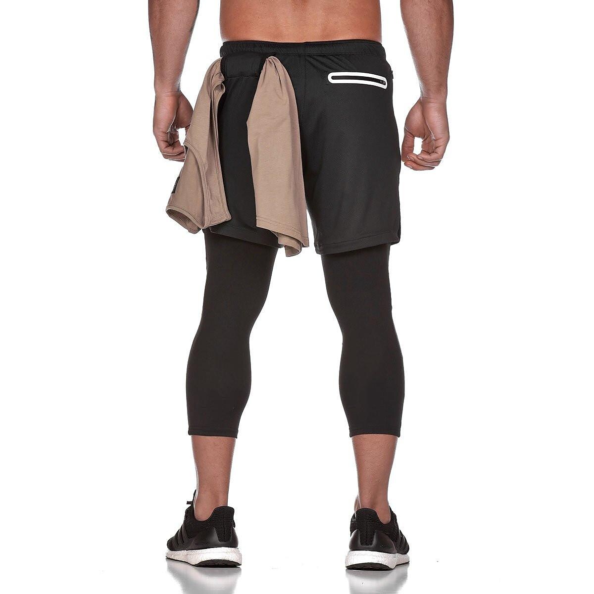 Men's Running Shorts With Tights Compression 3/4 Pants Drawstring Towe