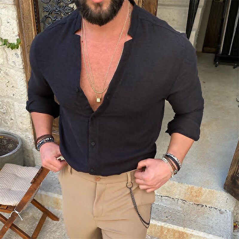 Men's Linen Casual Summer Beach Daily Breathable Light Long Sleeves Plain Shirt