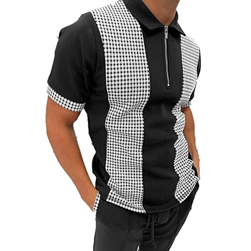 Men's Golf Shirt Plaid Striped Collar Black Yellow Navy Blue Blue Khaki Outdoor Street Short Sleeve Zipper Casual Comfortable  Polo Shirt