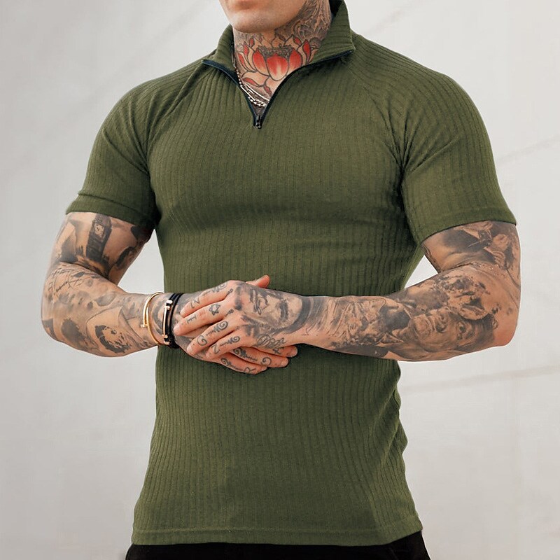 Men's Shirts T shirt Zip Half Tee Top Plain Standing Collar Outdoor Sport Short Sleeves Streetwear 