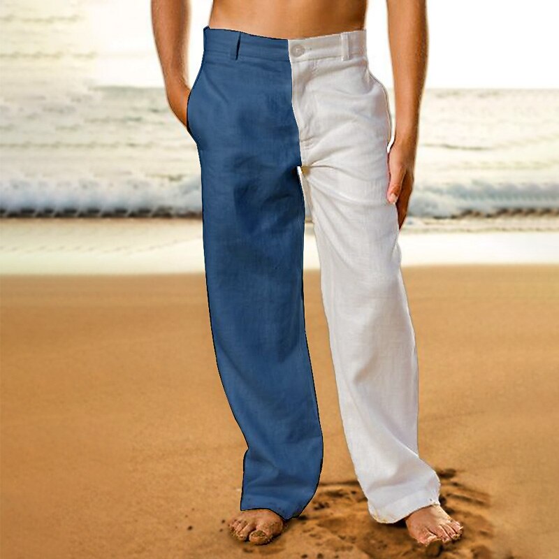 Men's Summer Beach Pants Front Pocket Straight Leg Color Block Comfort Breathable Casual Daily Holiday Linen / Cotton Blend 
