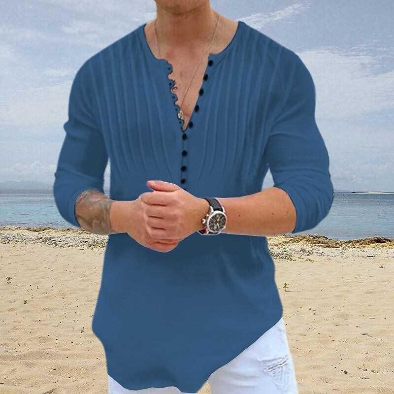 Men's Shirt Henley Shirt Casual Shirt Beach Shirt Long Sleeve Plain Crew Neck Top