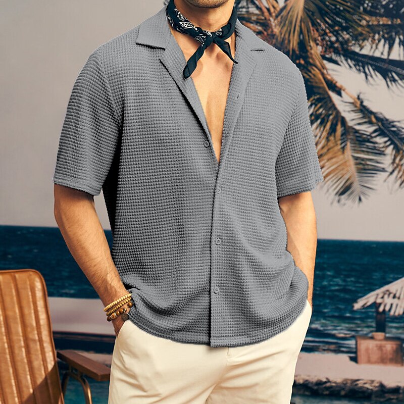 Men's Button Up Casual Shirt Waffle Henley Shirt Short Sleeve Plain Collar Daily Vacation Casual Comfortable Shirt 