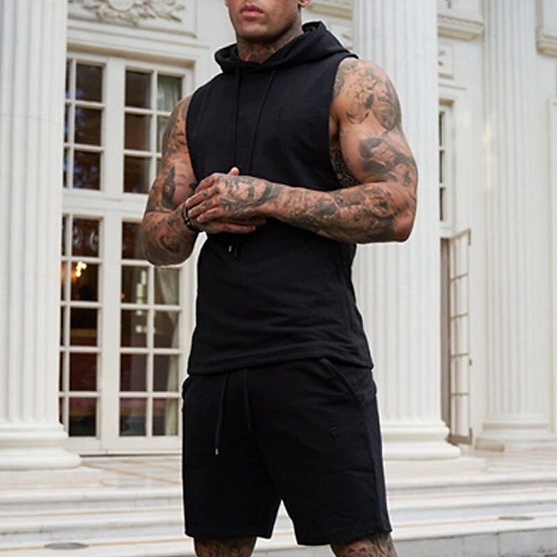 Men's Tracksuit Tennis Shorts and T Shirt Set Solid Colored Hooded Sle