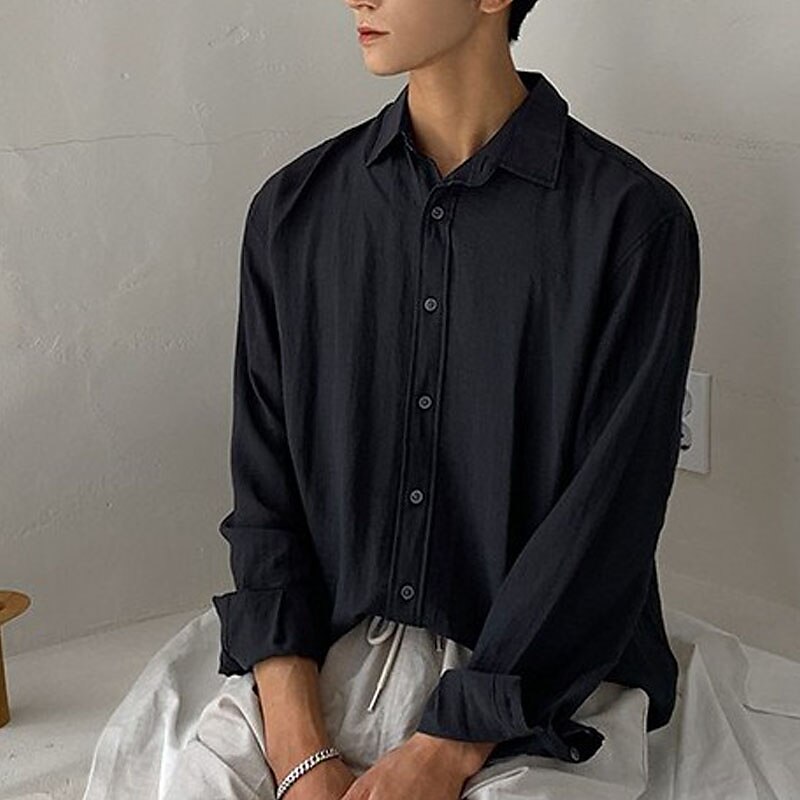 Men's Shirt Linen Shirt Summer Shirt Beach Shirt Black White Navy Blue Long Sleeve Plain Lapel Spring & Summer Casual Daily Shirt