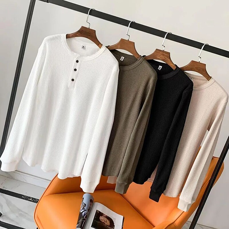 Men's Casual Solid Color Button-Down Long Sleeve Round Neck Shirt