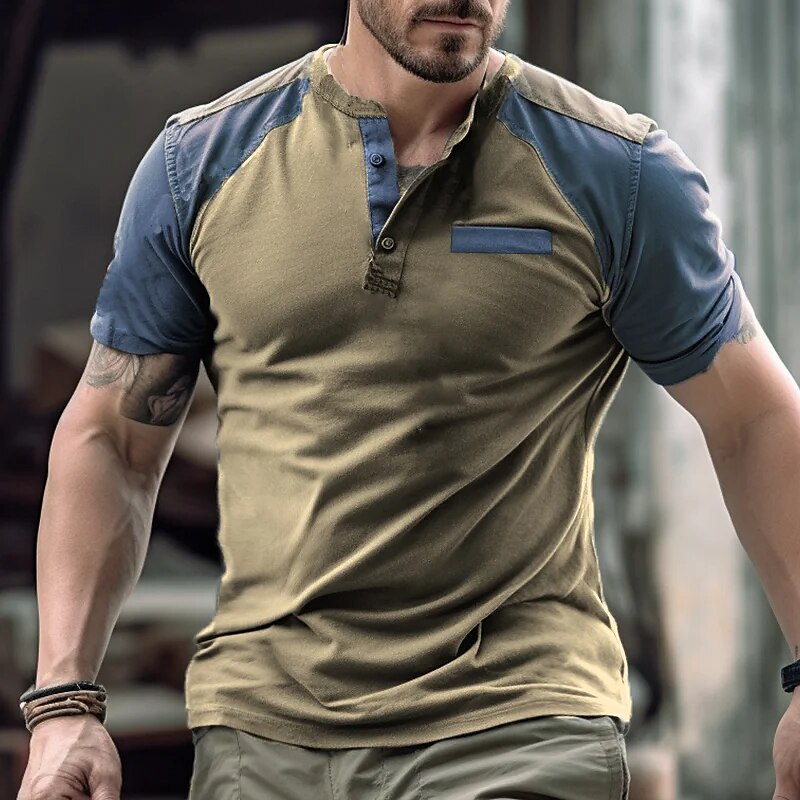 Men's Henley Shirt Tee Top Color Block Raglan Sleeve Henley Street Vacation Short Sleeves Designer Basic Top