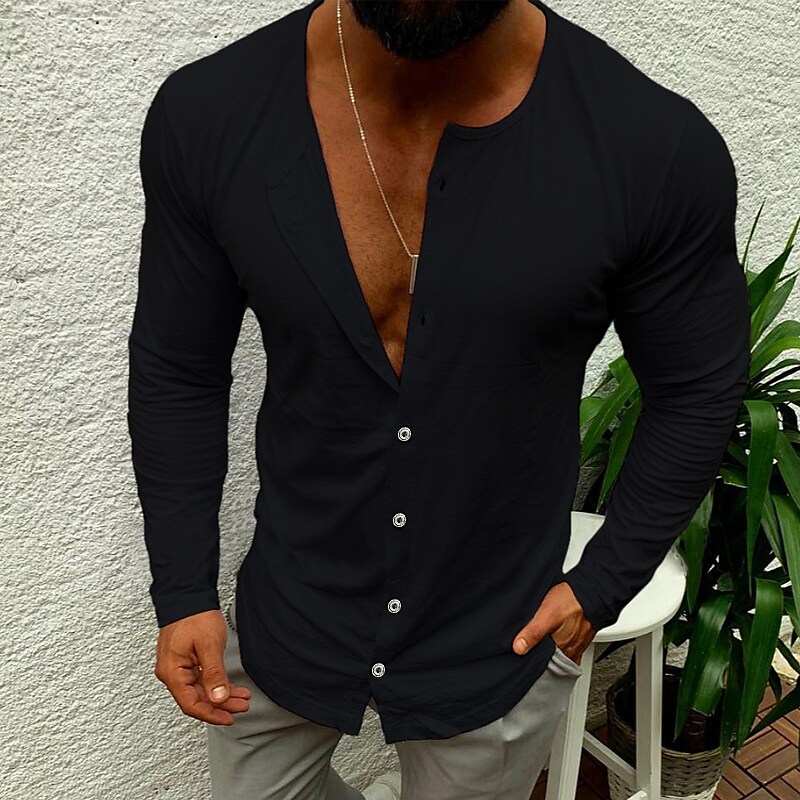 Men's Casual Long Sleeve Cotton Collar Lightweight Muscle Shirt