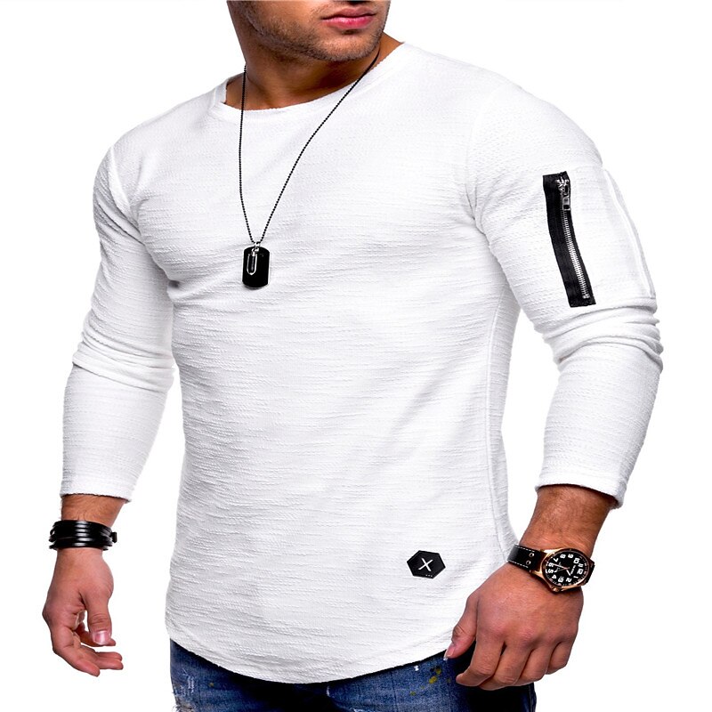 Men's T shirt Tee Long Sleeve Shirt Plain Crew Neck Plus Size Casual Long Sleeve Zipper Clothing Apparel Cotton Muscle Top