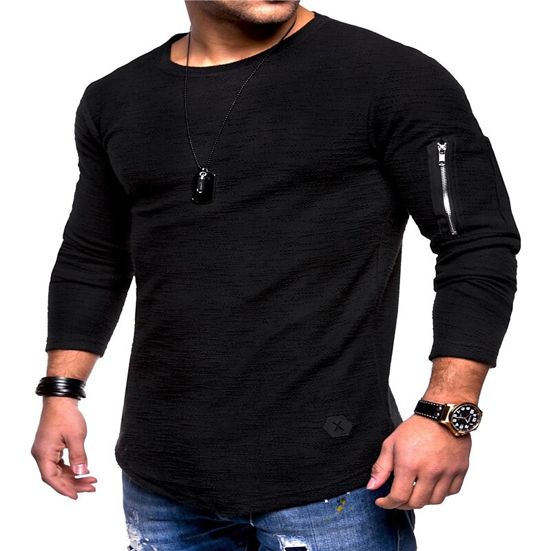 Men's T shirt Tee Long Sleeve Shirt Plain Crew Neck Plus Size Casual Long Sleeve Zipper Clothing Apparel Cotton Muscle Top