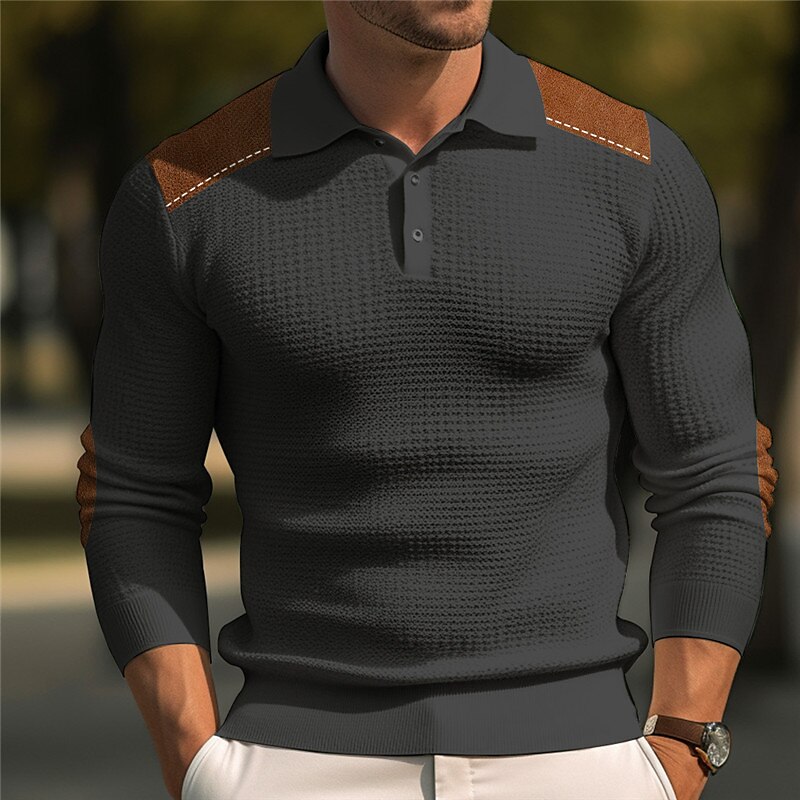 Men's Waffle Polo Shirt Button Up Polos Casual Sports Lapel Long Sleeve Fashion Basic Color Block Button Summer  Waffle Polo Shirt