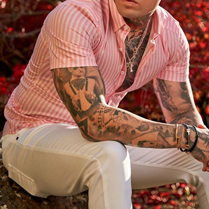 Men's Button Up Summer Casual Shirt Short Sleeve Striped Turndown Stre