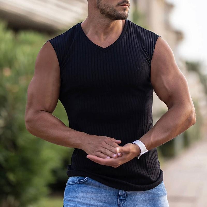 Men's Summer Knitted Vertical Stripe V-neck Sports Slim Casual Vest
