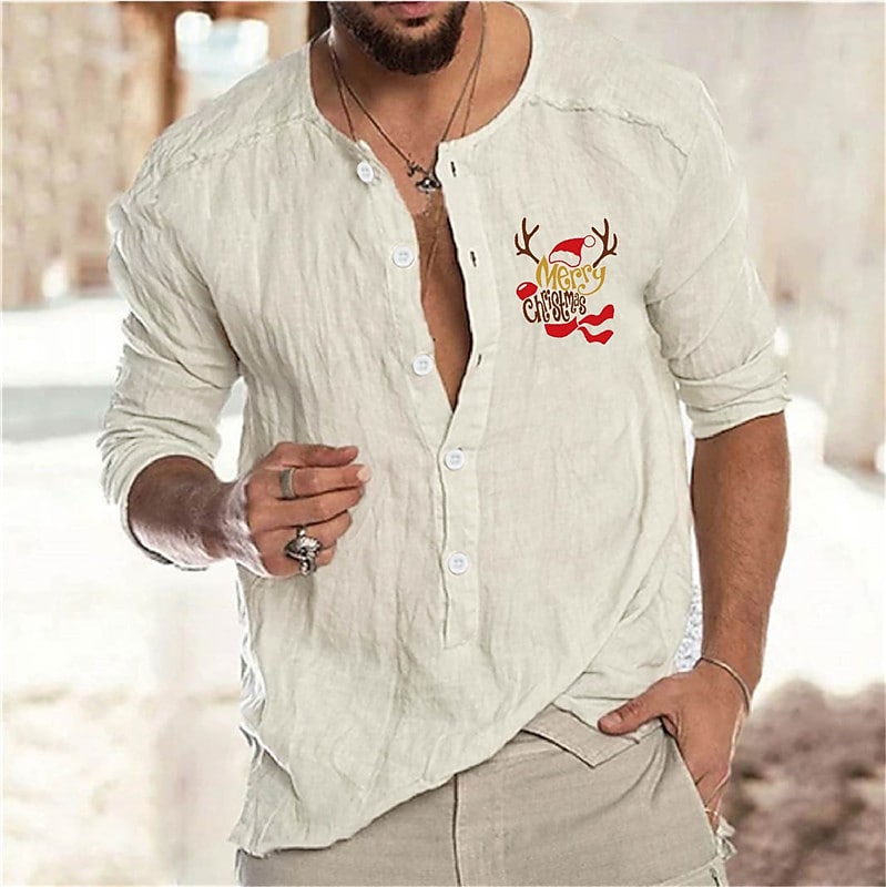 Men's Solid Color Christmas Print Collar Outdoor Long Sleeve Shirt