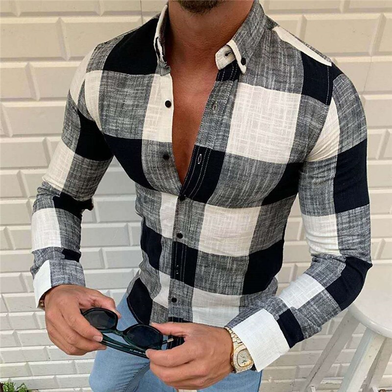 Men's Button Up Plaid Summer Shirt Long Sleeve Plaid / Check Checkered Turndown Button-Down Fashion Casual Breathable Comfortable Shirt 