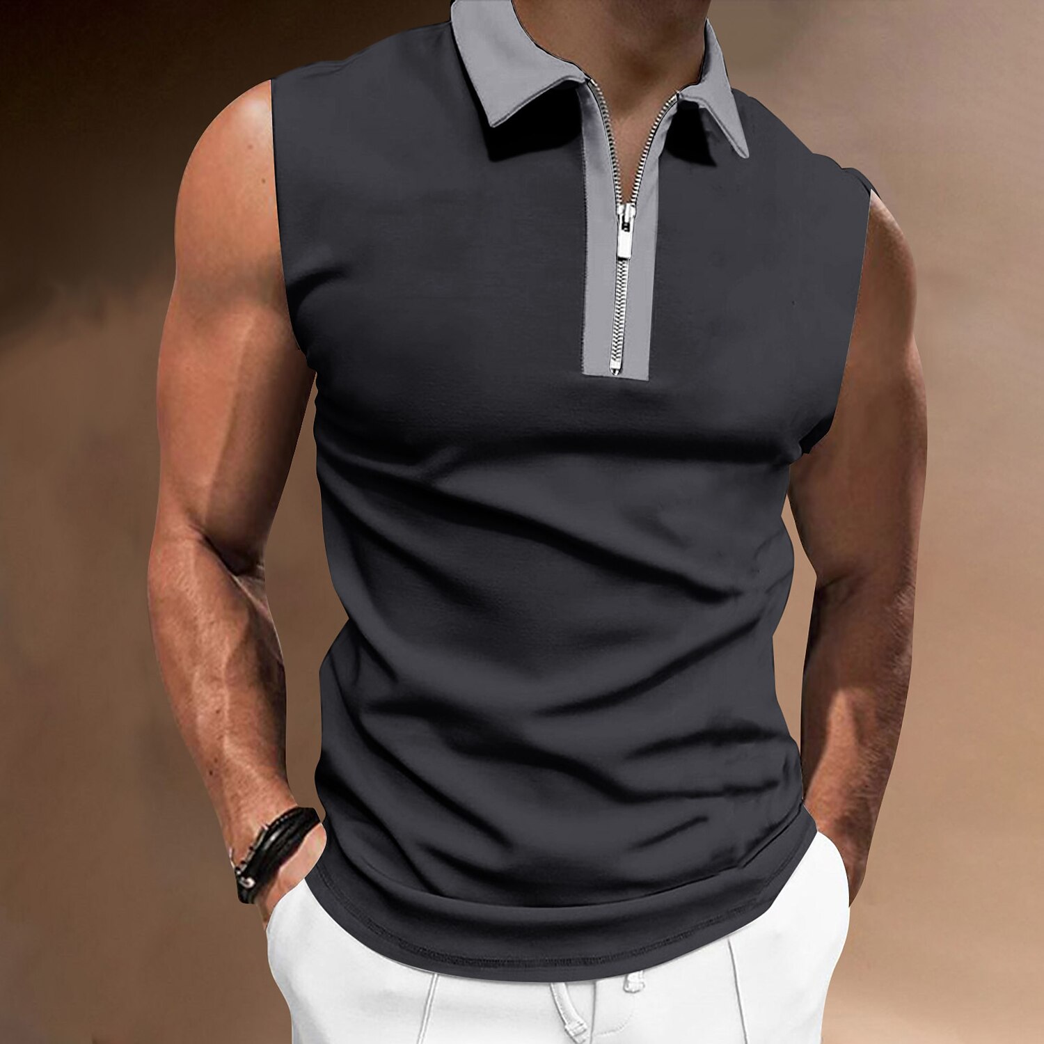 Men's Polo Shirt Golf Shirt Casual Holiday Lapel Quarter Zip Sleeveless Fashion Basic Plain Quarter Zip Summer Polo Shirt