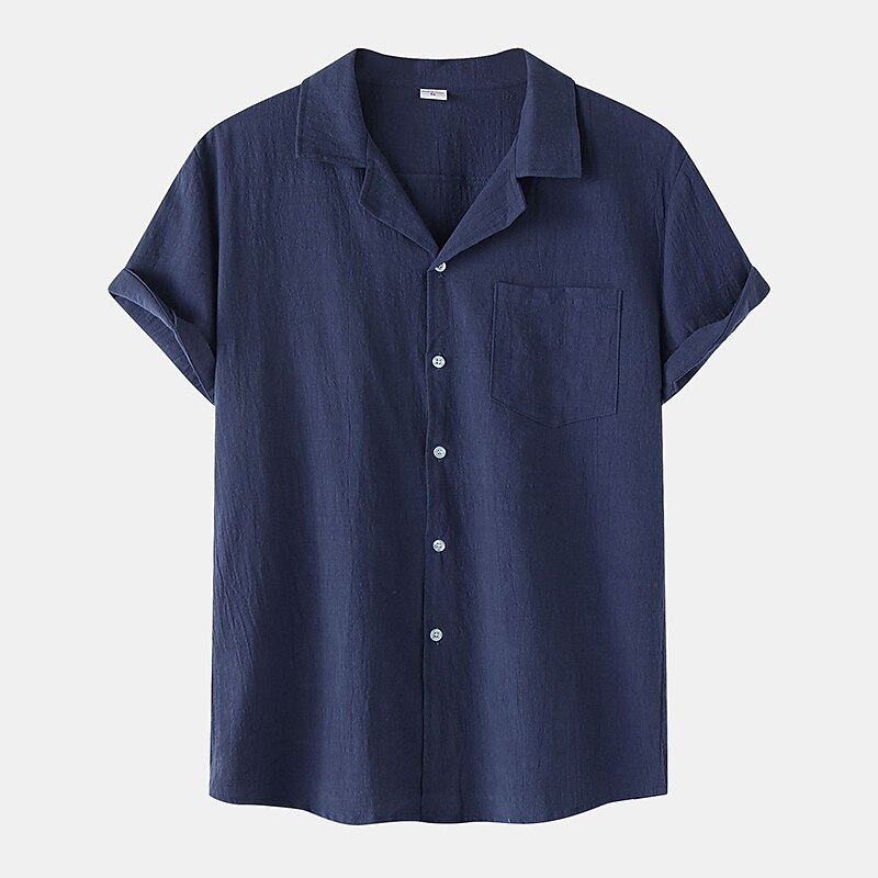 Men's Linen Shirt Summer Shirt Casual Shirt Cuban Collar Shirt Black White Yellow Short Sleeve Plain Lapel Spring & Summer Hawaiian Holiday Clothing Apparel Pocket