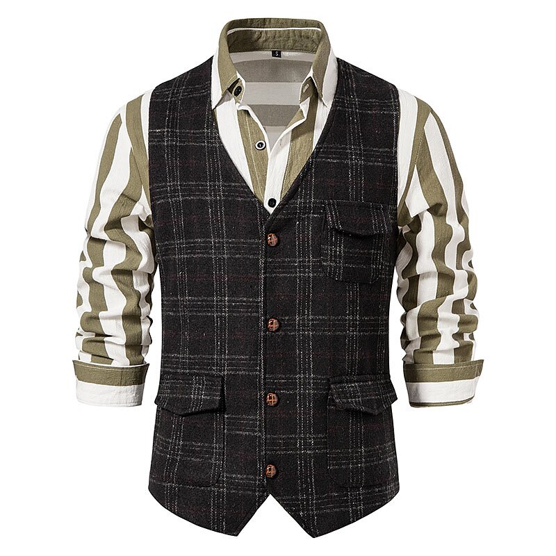 Men's Vest Waistcoat Comfortable Daily Wear Vacation Going out Single Breasted Lapel Vintage Basic Jacket Outerwear Plaid Button 