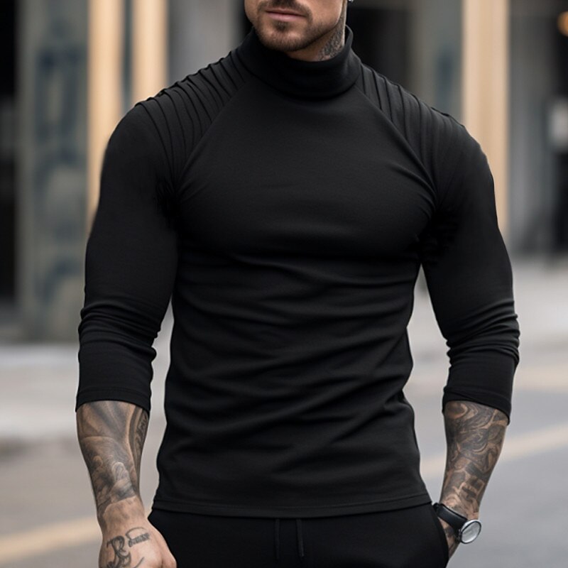 Men's T shirt Tee Tee Top Plain Slim Pleated Turtleneck Street Vacation Long Sleeve Clothing Apparel Fashion Designer Basic Top