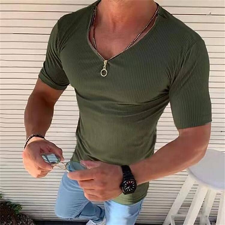 Men's Slim Zipper Personality Decoration Small Pit Strip Round Neck Short Sleeve T-shirt
