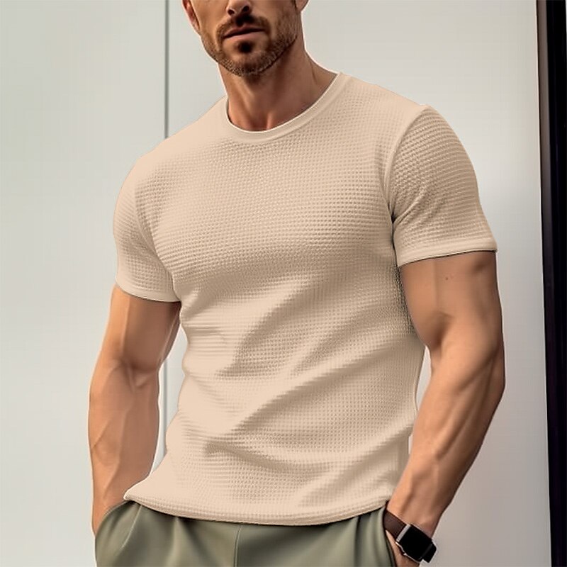 Men's T shirt Tee Waffle Shirt Tee Top Plain Crew Neck Street Vacation Short Sleeves Clothing Apparel Fashion Designer Basic Top