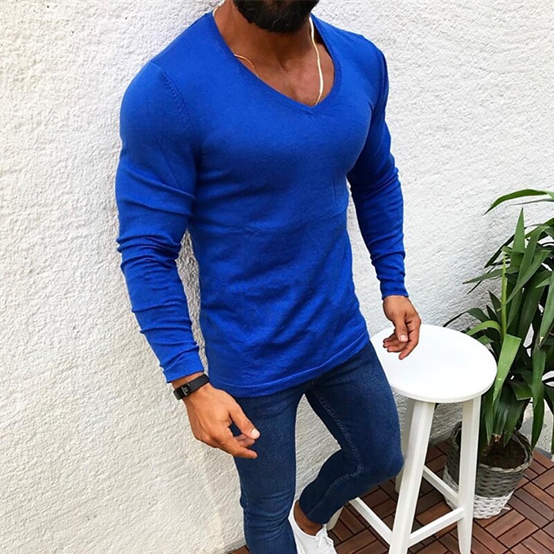 Men's Cropped Knitted Solid Color V Neck Long Sleeve Basic Sweatshirt