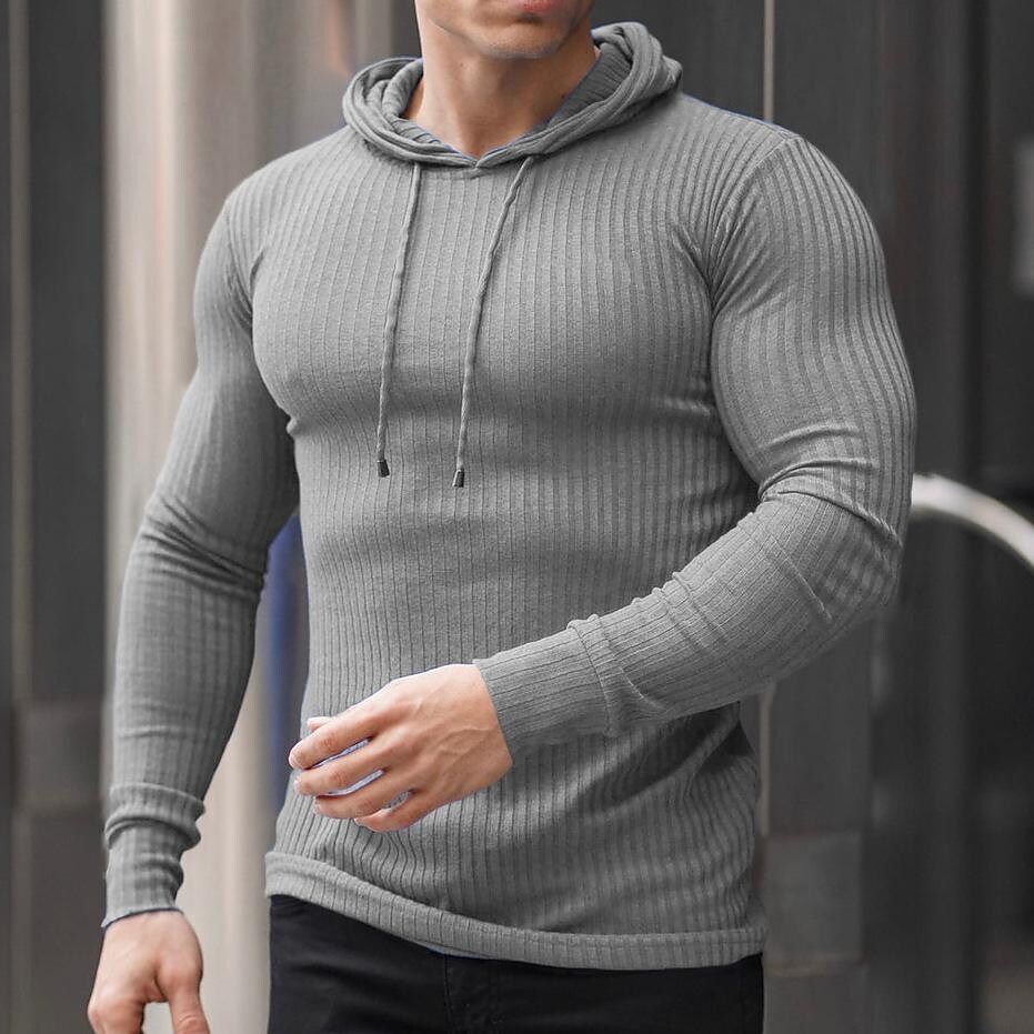 Men's Sports Muscle Solid Color Knit Long-sleeved Hooded Sweatshirt