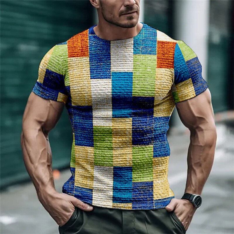 Men's Waffle T Shirt Graphic Plaid Color Block Crew Neck Print Outdoor Short Sleeve Casual Top