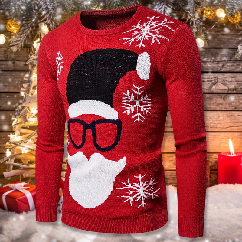 Men's Ugly Christmas Ribbed Knit Crew Neck Long Sleeve Basic Sweater
