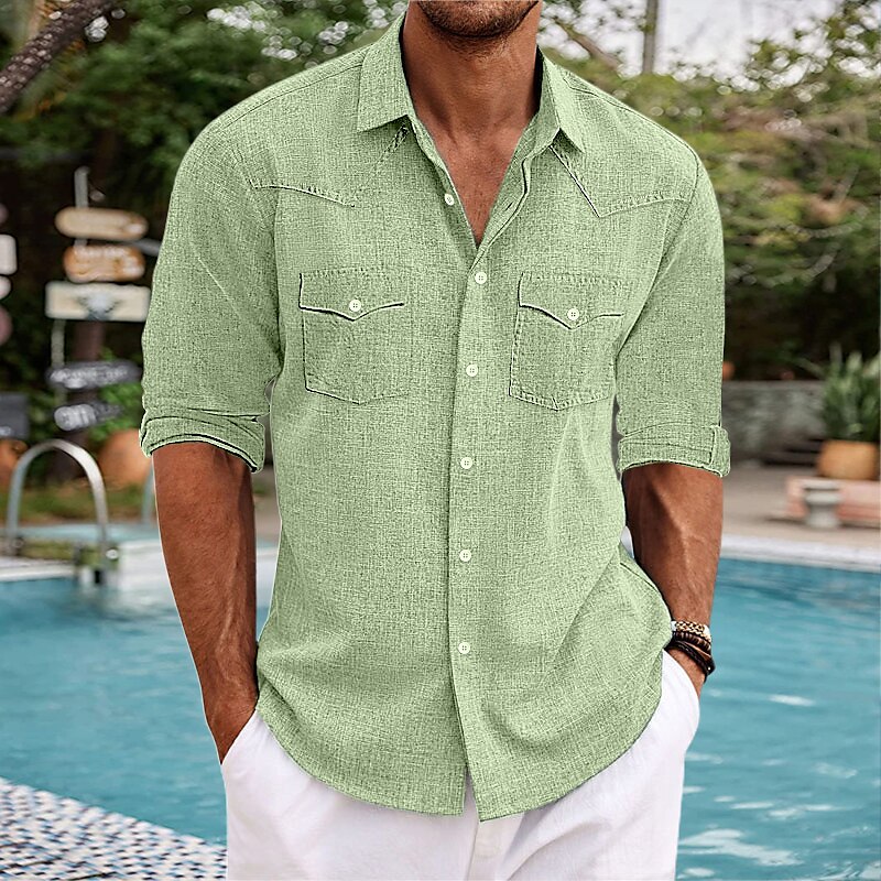 Men's Summer Western Shirt Long Sleeve Plain Lapel Casual Daily Pocket Shirt 
