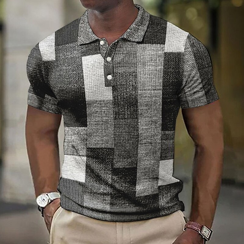 [Deal]Men's Waffle Polo Shirt Button Up Polos Lapel Polo Polo Shirt Golf Shirt Plaid Graphic Prints Geometry Turndown Outdoor Street Short