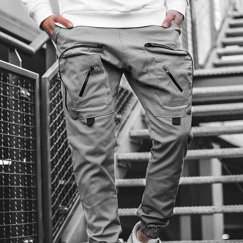 Men's Drawstring Elastic Waist Multi Pocket Solid Color Sweatpants