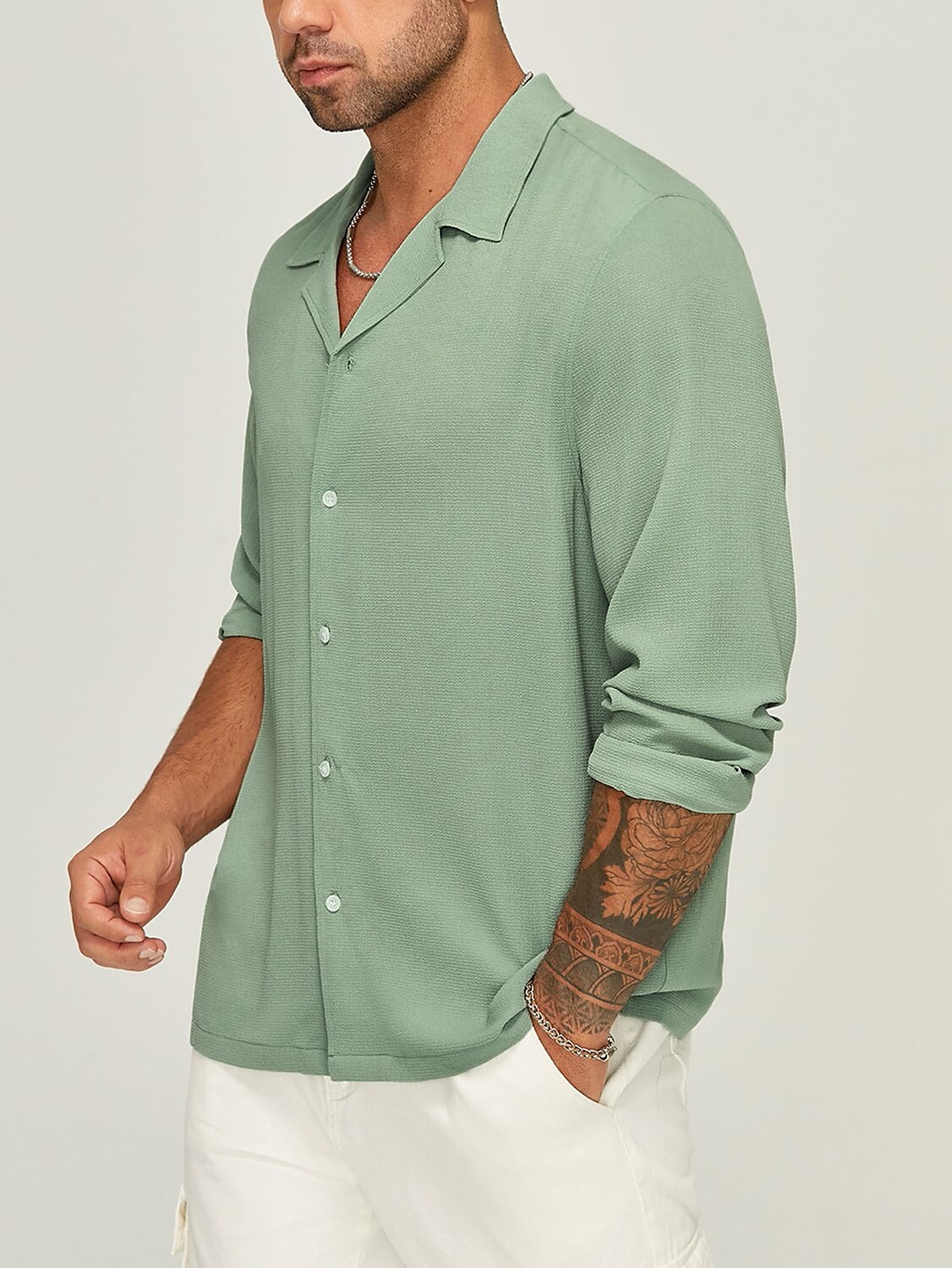 Men's Button Up Shirt  Casual Shirt Long Sleeve Plain Camp Collar Daily Vacation Casual Comfortable Shirt 