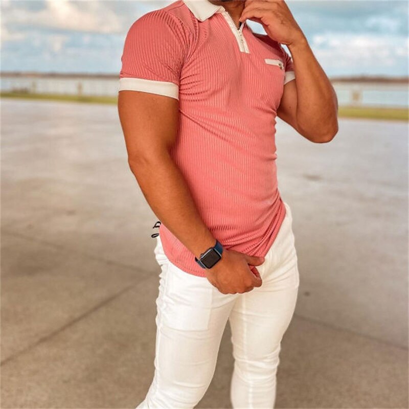 Men's Shirt Polo Shirt Outdoor Street Turndown Quarter Short Sleeve Fashion Casual Solid Colored Zipper Pocket Top