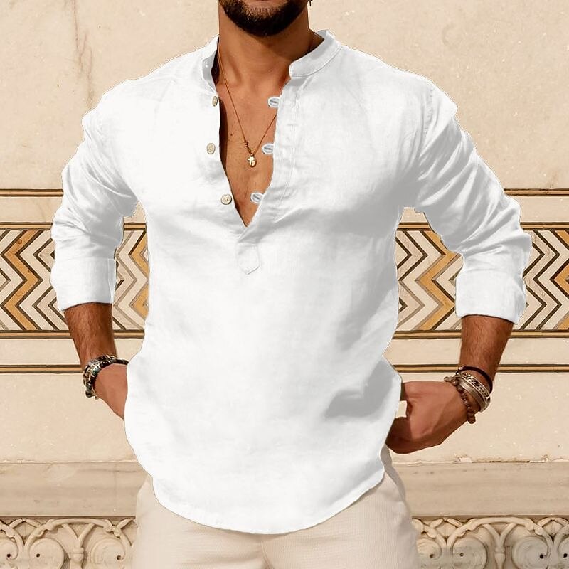 Men's Linen Outdoor Beach Casual Fashion Vacation Breathable Comfortable Light Plain Long Sleeve Henley Shirt
