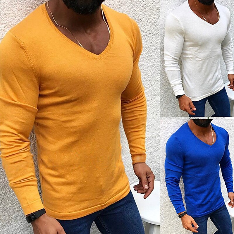 Men's Cropped Knitted Solid Color V Neck Long Sleeve Basic Sweatshirt
