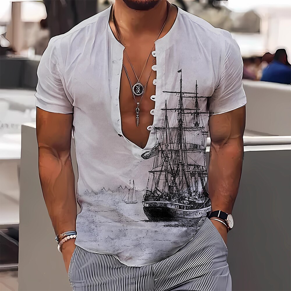 Men's Shirt Graphic Prints Vintage Sailboat Stand Collar Outdoor Street Short Sleeves Print Casual Comfortable Top