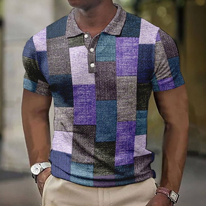 [Deal]Men's Waffle Polo Shirt Button Up Polos Lapel Polo Polo Shirt Golf Shirt Plaid Graphic Prints Geometry Turndown Outdoor Street Short