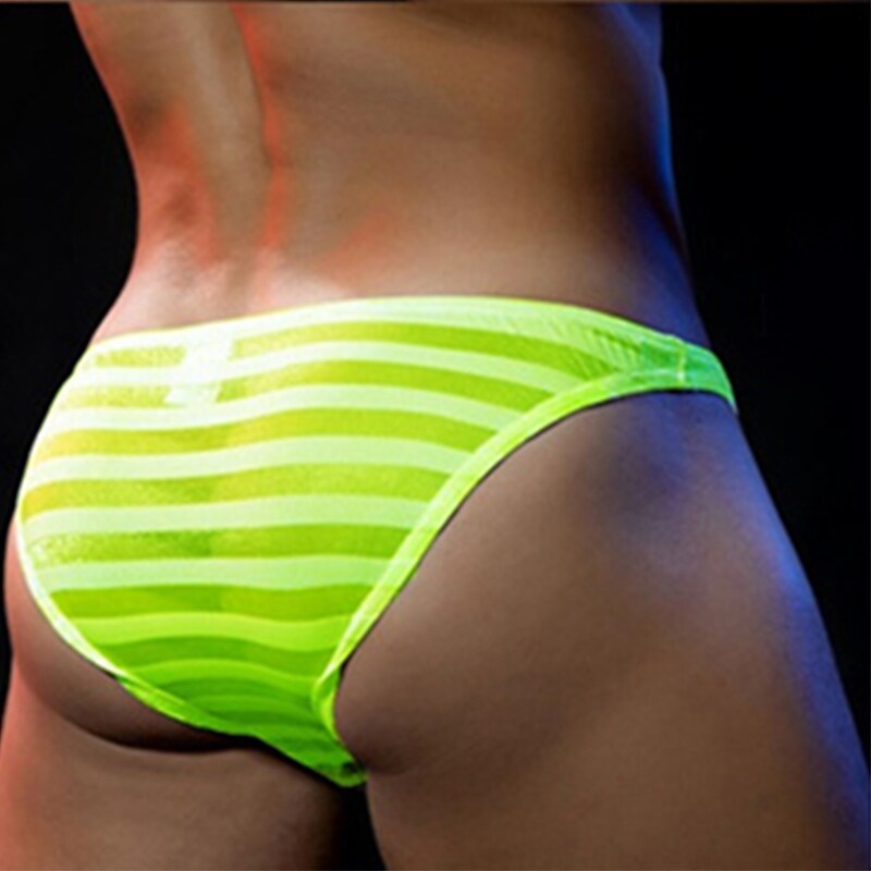 Men's Mesh See-Through Sexy Solid Color Striped Elastic Mid-Waist Underwear