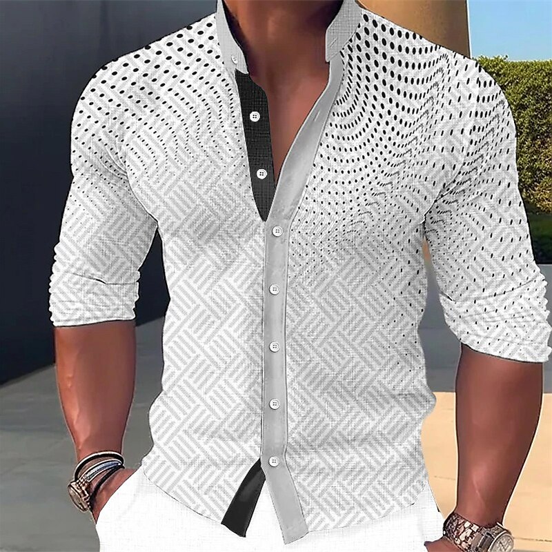 Men's Shirt Linen Shirt Polka Dot Graphic Prints Geometry Stand Collar Outdoor Street Long Sleeve Print Clothing Apparel Linen Fashion Streetwear Designer Casual