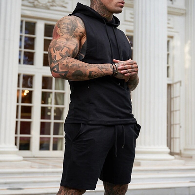 Men's Tracksuit Tennis Shorts and T Shirt Set Solid Colored Hooded Sle