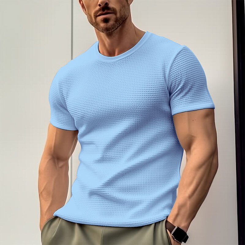 Men's T shirt Tee Waffle Shirt Tee Top Plain Crew Neck Street Vacation Short Sleeves Clothing Apparel Fashion Designer Basic Top