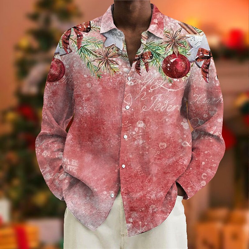Men's Pink Christmas Print Turndown Long Sleeve Button-Down Shirt