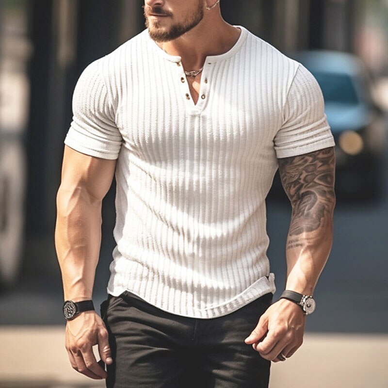 Men's Henley Shirt Tee Top Plain Pit Strip Henley Street Vacation Short Sleeves Clothing Apparel Fashion Designer Basic Top