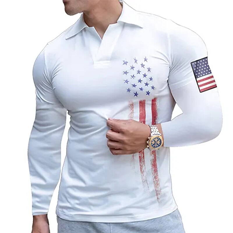 Men's Golf Shirt Polo Sports Fitness V Neck Classic Long Sleeve National Flag Muscle Flag Fashion Print Golf Shirt