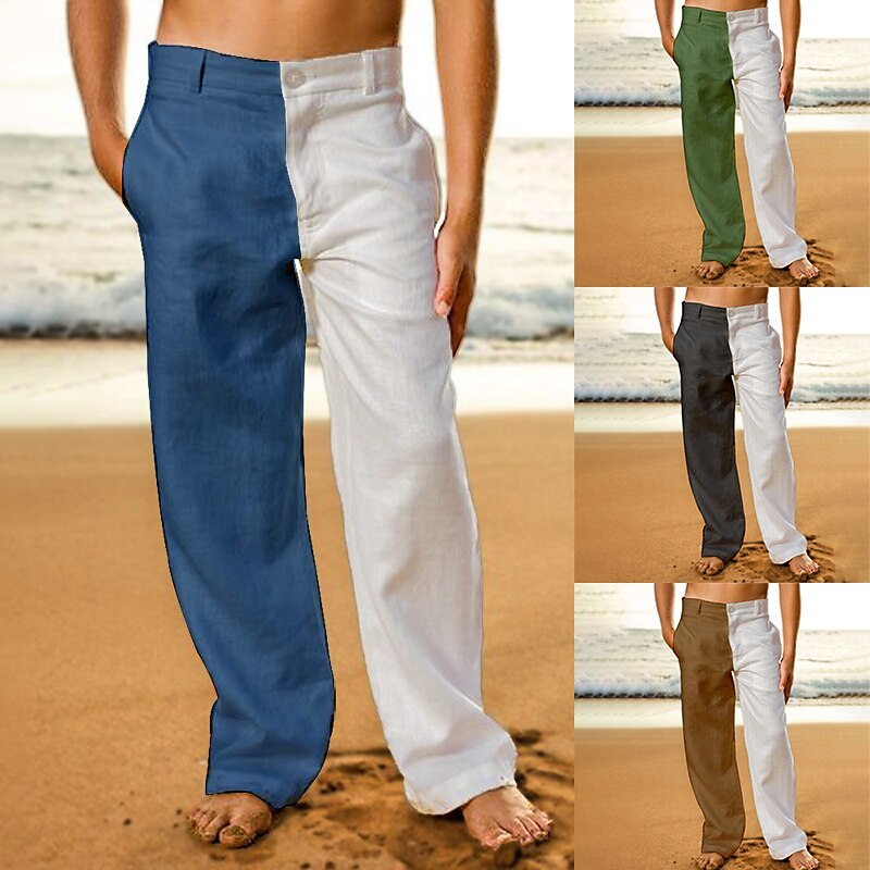 Men's Summer Beach Pants Front Pocket Straight Leg Color Block Comfort Breathable Casual Daily Holiday Linen / Cotton Blend 