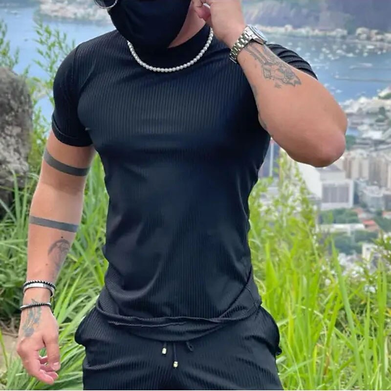 Men's 2 Pieces Outfits Stretch Slim Basic Short Plain Crewneck Daily Wear Short Sleeves Fashion Sport Casual 2 Piece Suit 